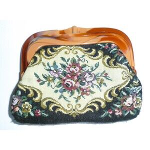 Vintage Floral Tapestry Clutch Change Bag Hinged Bakelite Marble Brown Kiss Lock